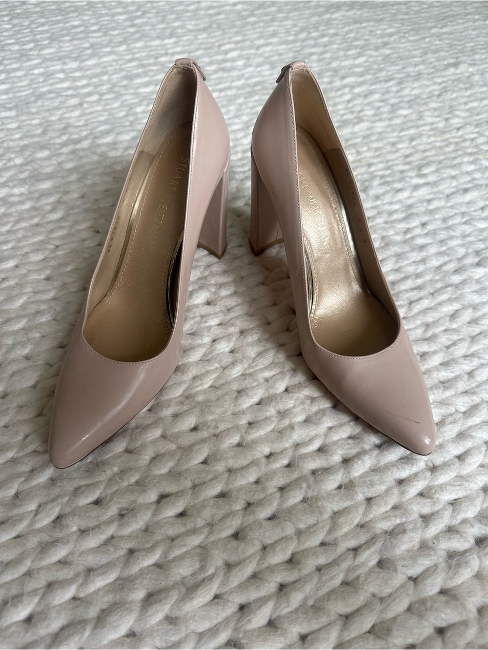 Stuart Weitzman Pointed-Toe Block Heel Pumps in Nude Pink